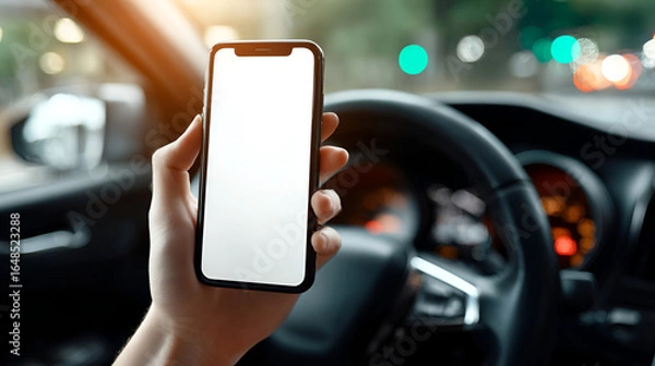 Fototapeta Mobile Device in Hand with Blank Screen Inside Car Interior. Ai Generated Images