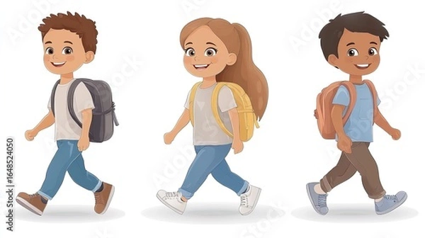 Obraz Back to school vector illustration featuring diverse students walking with backpacks, casual outfits, ideal for education promotion, campus materials, stationery design, modern minimalist style