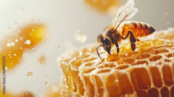 Fototapeta Honey Bee on Honeycomb with Golden Honey Dripping – Beekeeping, Pollination, and Nature Macro Photography