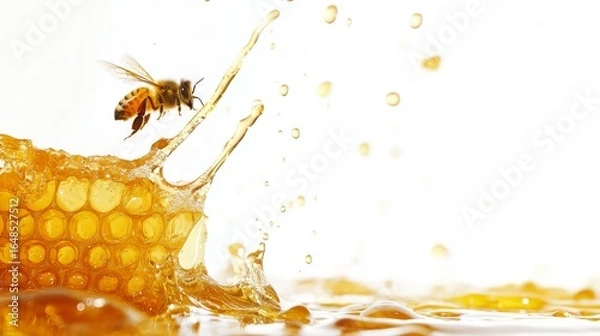 Fototapeta Honey Bee on Honeycomb with Golden Honey Dripping – Beekeeping, Pollination, and Nature Macro Photography