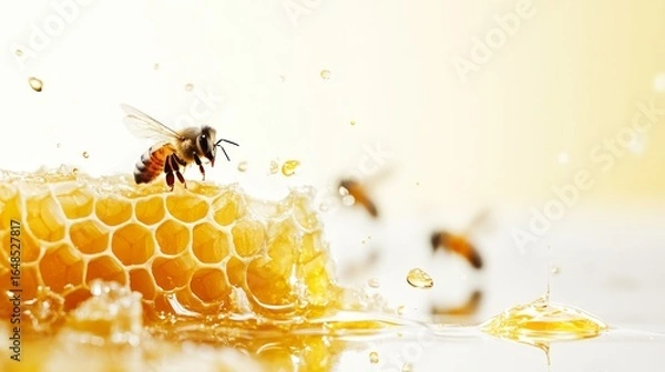 Fototapeta Honey Bee on Honeycomb with Golden Honey Dripping – Beekeeping, Pollination, and Nature Macro Photography