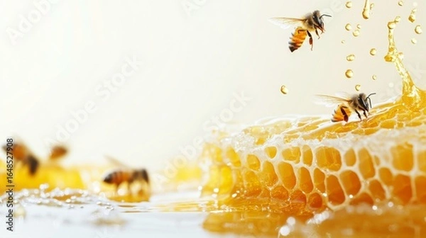 Fototapeta Honey Bee on Honeycomb with Golden Honey Dripping – Beekeeping, Pollination, and Nature Macro Photography