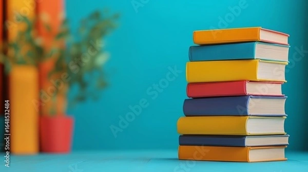 Fototapeta Stack of Colorful Books Against Pink and Blue Background – Education and Learning Concept
