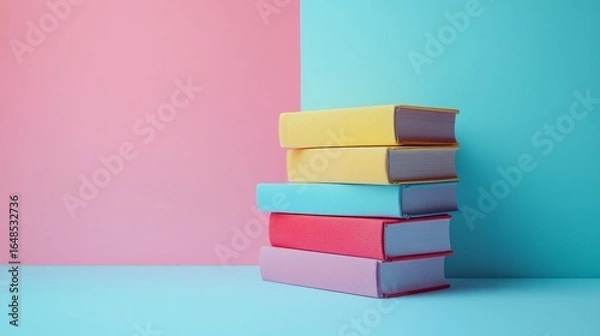Fototapeta Stack of Colorful Books Against Pink and Blue Background – Education and Learning Concept