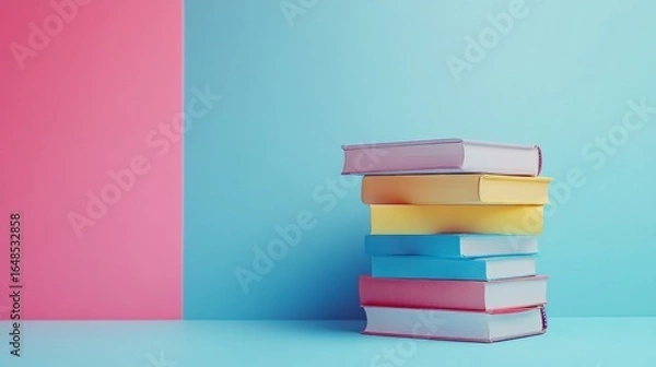 Fototapeta Stack of Colorful Books Against Pink and Blue Background – Education and Learning Concept