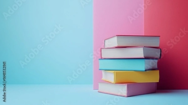 Fototapeta Stack of Colorful Books Against Pink and Blue Background – Education and Learning Concept