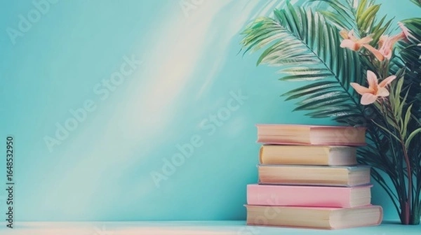 Fototapeta Stack of Books with Tropical Flowers on Blue Background – Summer Reading Concept