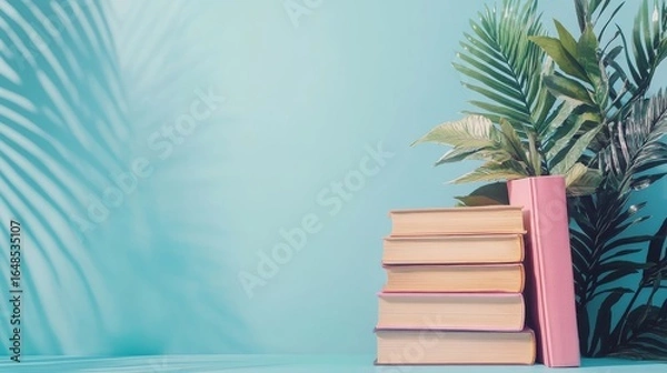 Fototapeta Stack of Books with Tropical Flowers on Blue Background – Summer Reading Concept