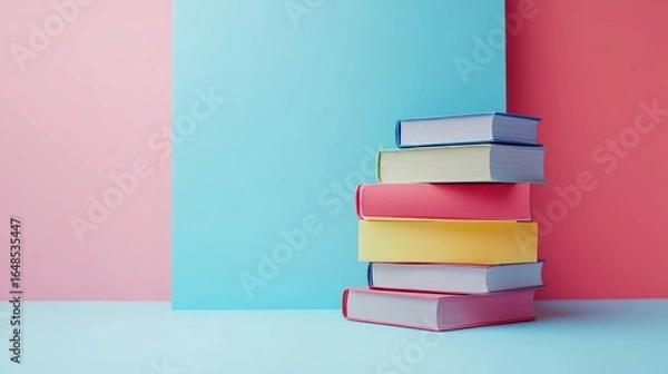 Fototapeta Colorful Book Stack on Pastel Background – Education and Learning Concept