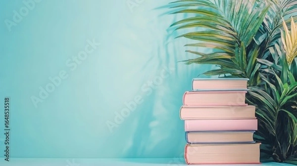 Fototapeta Stack of Books with Tropical Flowers on Blue Background – Summer Reading Concept