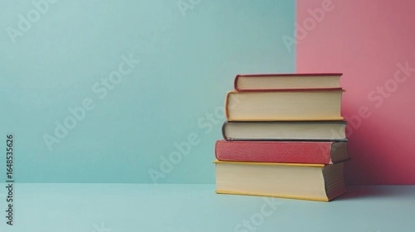 Fototapeta Colorful Book Stack on Pastel Background – Education and Learning Concept