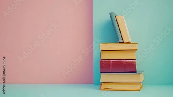 Fototapeta Colorful Book Stack on Pastel Background – Education and Learning Concept