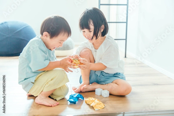 Obraz 部屋で仲良く遊ぶ笑顔の兄妹