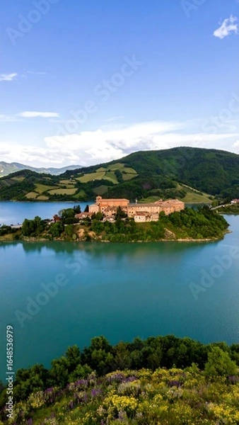 Fototapeta Hillside village nestled on a lake island, surrounded by rolling hills and vibrant greenery under a clear blue sky