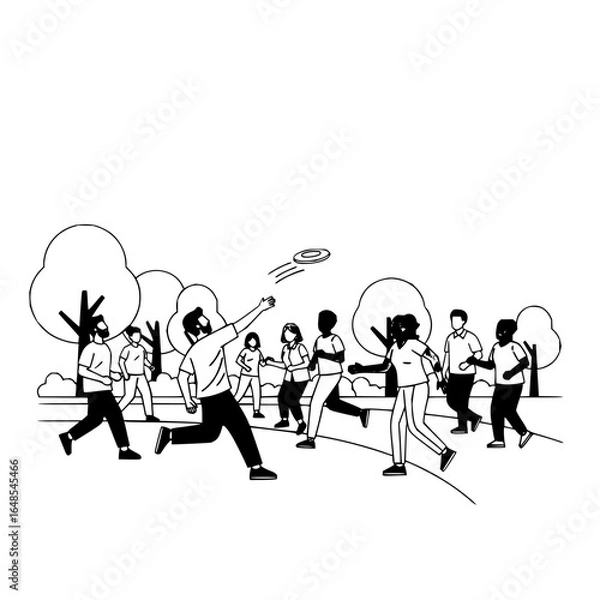 Fototapeta A group of people playing frisbee in a park with trees and grass on a sunny day in black and white style