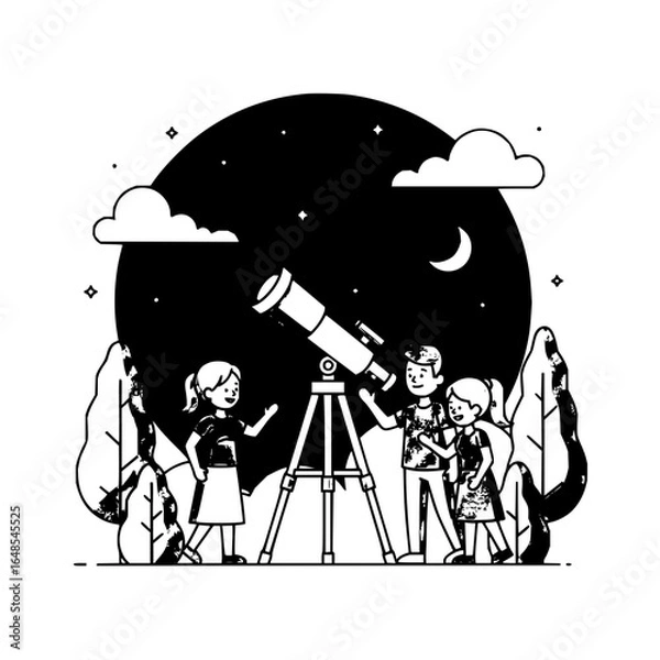 Fototapeta Children looking through telescope at night sky with moon stars and clouds in a black and white illustration
