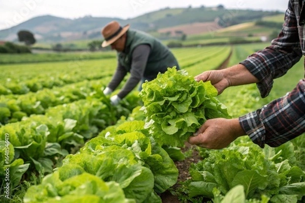 Fototapeta A man is holding a bunch of lettuce in a field