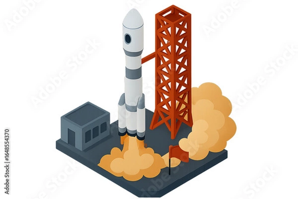 Fototapeta Isometric illustration of a rocket launching from a spaceport, on a transparent background