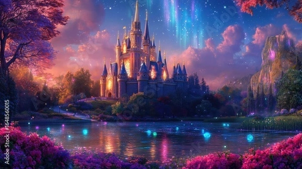 Fototapeta digital painting of majestic castle beside calm lake at sunset, glowing with magical light under a starry sky. A truly enchanting scene.