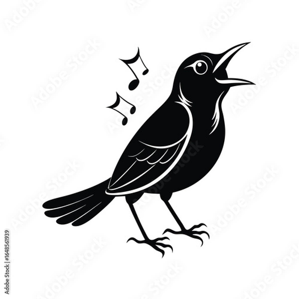 Fototapeta Elegant line art depicting a blackbird in mid flight singing beautifully against a clean white background