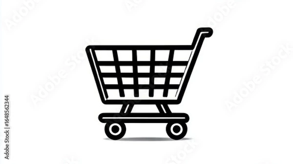 Fototapeta A simple black shopping cart icon on a white background, symbolizing retail and online shopping experiences.