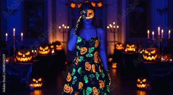 Fototapeta Elegant Halloween evening gown black fabric with glowing pumpkin and skull patterns visible only under UV light