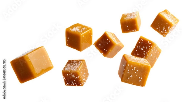 Fototapeta Caramel candy cubes with sugar crystals suspended in air, cut out transparent