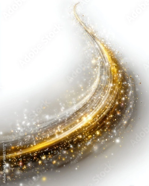 Obraz Gold light streaks swirling in a graceful curve against a white background, with shimmering particles