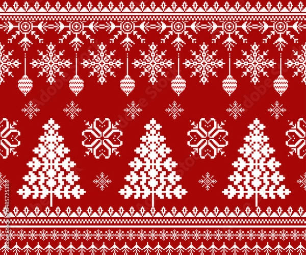 Obraz Christmas Crosstich ethnic embroidery, festive, traditional, celebration pixel art style pattern design.