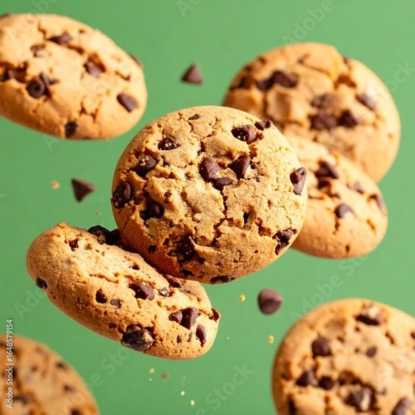 Fototapeta Several chocolate chip cookies in mid-air against a green backdrop