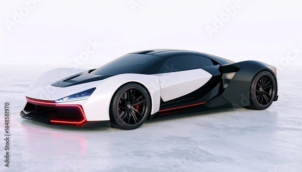 Fototapeta Futuristic white and black sports car with red accents, sharp lines, red light strip, and black wheels with red brake calipers—set against a plain light background.