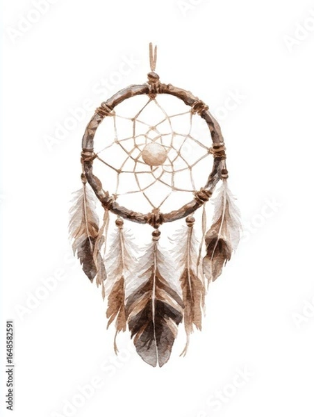 Fototapeta Brown and Beige Dreamcatcher with Feathers on White Background