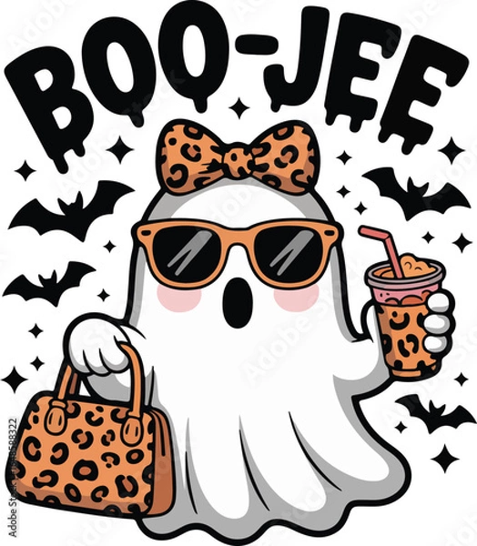 Obraz Boo-Jee – Chic Leopard Print Ghost with Sunglasses, Handbag and Drink Halloween Illustration