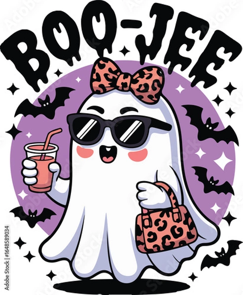 Fototapeta Boo-Jee – Chic Leopard Print Ghost with Sunglasses, Handbag and Drink Halloween Illustration