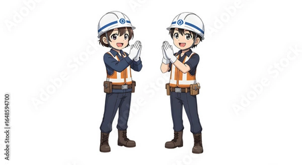Fototapeta Builders dressed in protective vests and helmets. Construction worker character. Cartoon illustration.