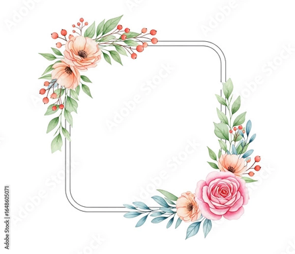 Obraz Watercolor Floral Square Frame with Peach and Pink Flowers, Green Leaves, Elegant Design, Transparent Background
