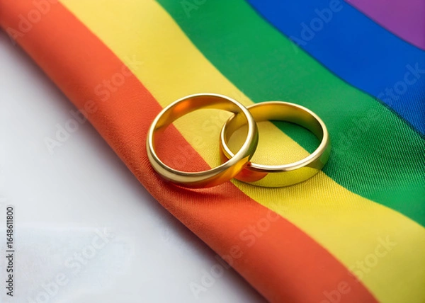Fototapeta Two gold wedding rings resting on a rainbow fabric symbolizing love, unity, and celebration of same-sex relationships in a vibrant setting