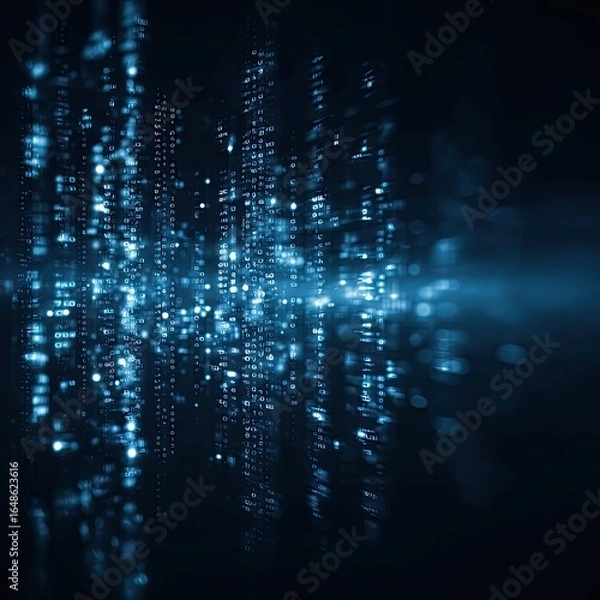 Obraz Abstract digital data stream, light blue text on dark background