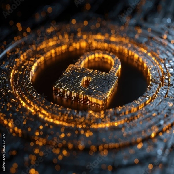 Obraz A digital padlock icon, surrounded by glowing concentric circles, sits within a dark, complex network