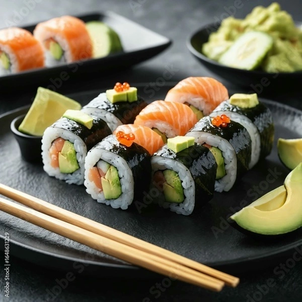 Fototapeta Fresh salmon avocado sushi rolls served with lime and ginger on black plate