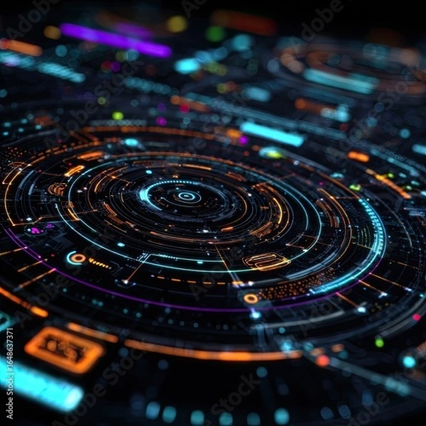 Fototapeta Circular futuristic interface with concentric rings and glowing elements