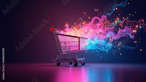 Fototapeta Shopping cart with vibrant glowing particles.