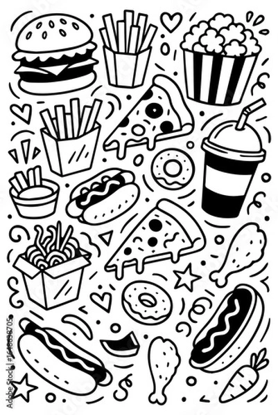 Fototapeta Fast food set. Simple doodle style. Hamburger, fries, and soda.