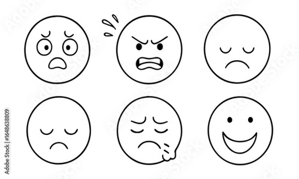 Fototapeta Doodle Emoji face icon set. Hand-drawn sketch style emojis. Emojis with various emotions, including happy, sad, and smiling faces.