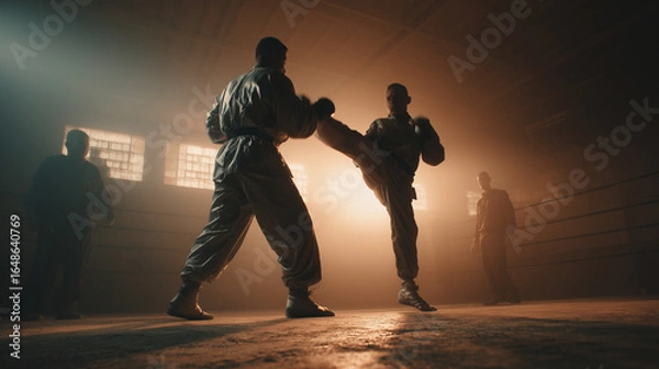 Obraz Two fighters sparring in a kickboxing ring under dramatic lighting
