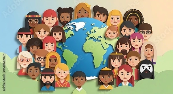 Fototapeta Celebrating global diversity with a stylized illustration of people around the globe