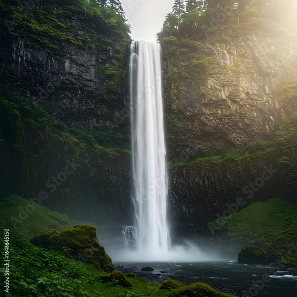 Fototapeta A tall waterfall cascading down a rocky cliff surrounded by lush green vegetation and trees above it