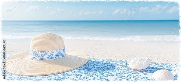 Fototapeta Light beige straw sun hat with a blue floral band, resting on a patterned beach towel, on a white sandy beach with a turquoise ocean