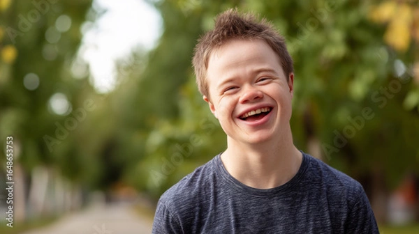 Obraz Young smiling man with special needs laughing outdoors, trees in the background. t-shirt. Close-up portrait of a happy young male teenager with Down syndrome. Acceptance of diversity, body inclusive.