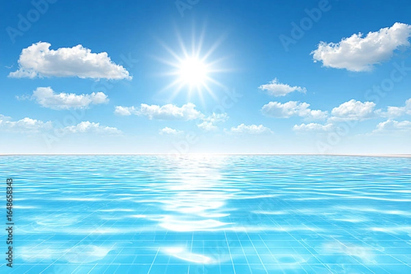 Fototapeta Bright sunny day over tranquil blue ocean with gentle waves and scattered clouds